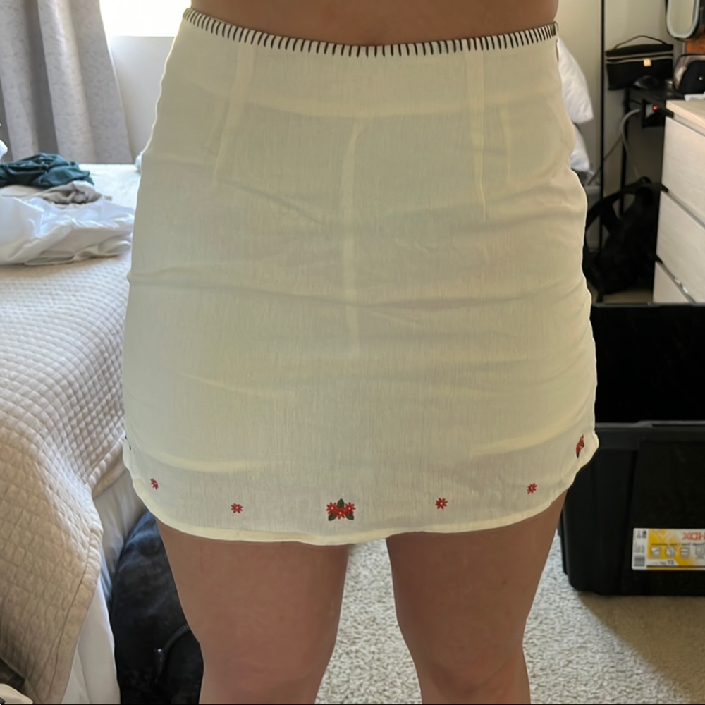 White Mini Skirt with Red Floral Accents